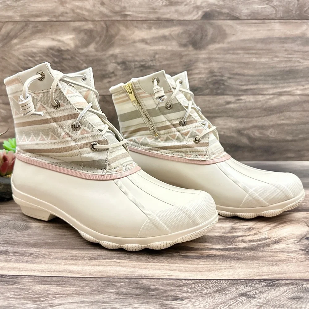 NIB Sperry Syren Gulf Playa Tan Striped Geometric Waterproof Duck Rain Boots - Picture 6 of 15